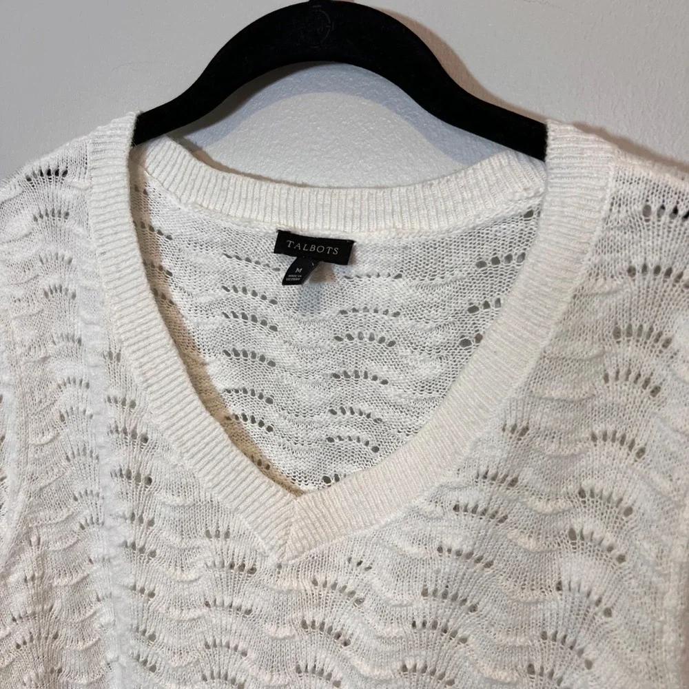 Talbots Womens Pointelle Lightweight Open Knit Sweater White‎ Cottagecore Medium
